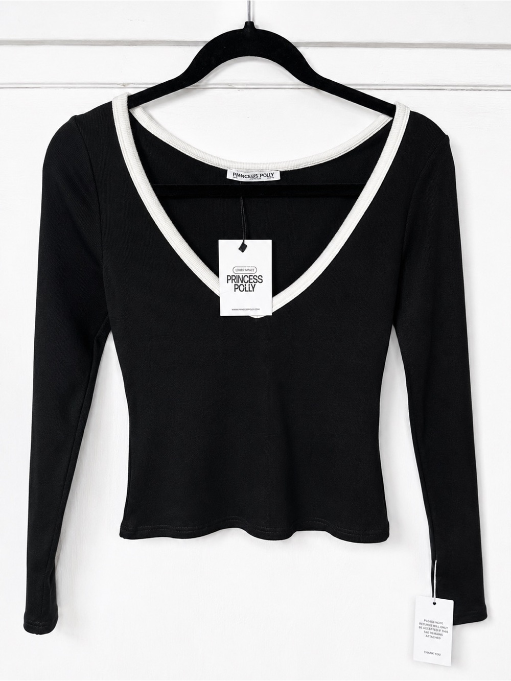 Brand new Princess Polly Black Long Sleeve V-Neck Top with White Trim Accents